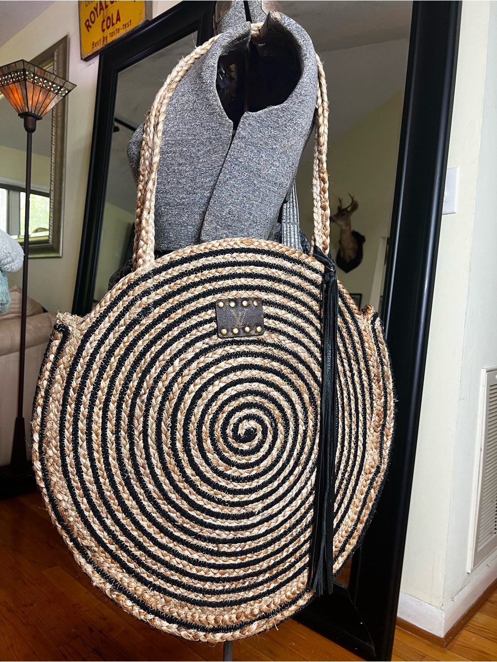 Oversized Woven Jute Tote | Black & Natural | Upcycled Louis Vuitton Accent Tote